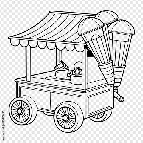 Ice Cream Cart Illustration A whimsical line drawing of a charming ice cream cart, perfect for summer designs and sweet treats.