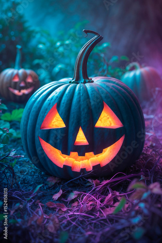Glowing Halloween Pumpkin in Mystical Forest