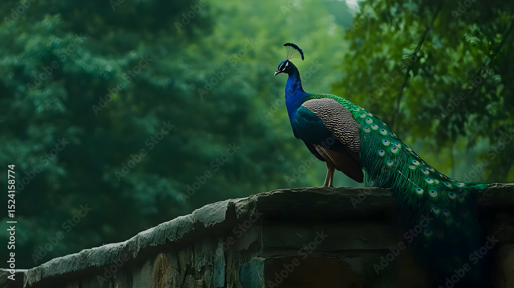 Obraz premium Peacock on Stone Wall in Green Forest