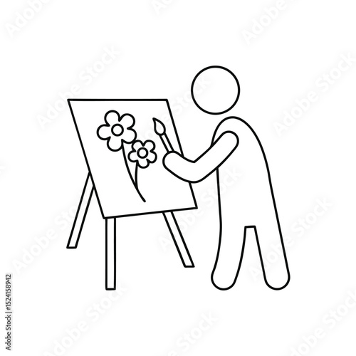 Simple line drawing artist painting flowers on easel
