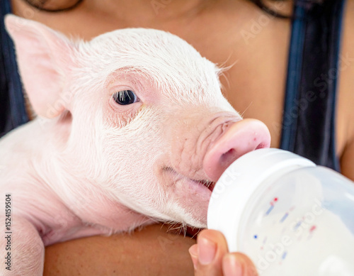 Baby piglet sucking on a baby bottle, woman feeding. AI