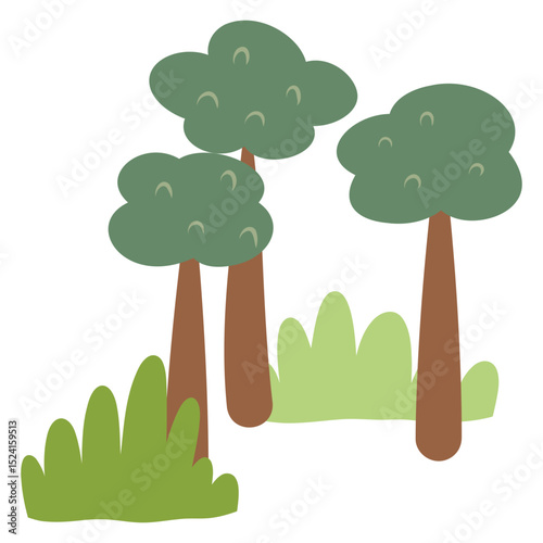 Simple cartoon landscape with trees and  grass vector illustration, cartoon nature illustration