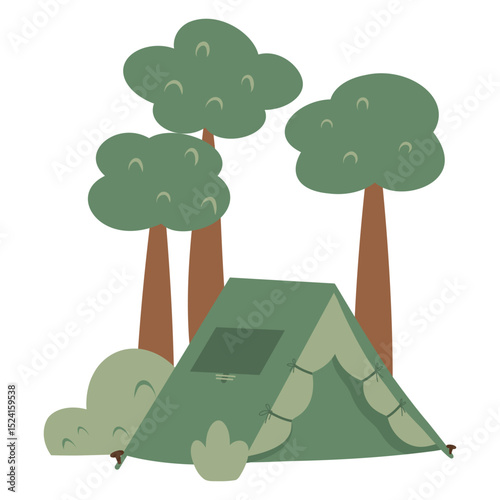 Landscape with trees and a camp tent vector illustration, cartoon nature illustration