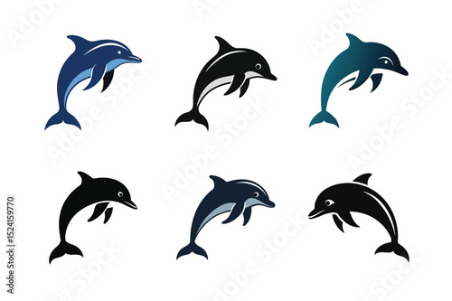 6 set of dolphin on silhouette vector icon on white background in Adobe Illustrator Artwork