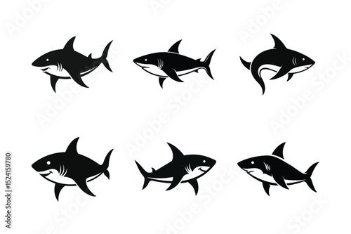 6 set of shark on silhouette vector icon on white background in Adobe Illustrator Artwork