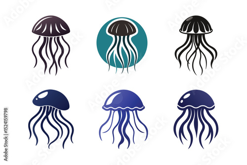 6 set of jellyfish on silhouette vector icon on white background in Adobe Illustrator Artwork