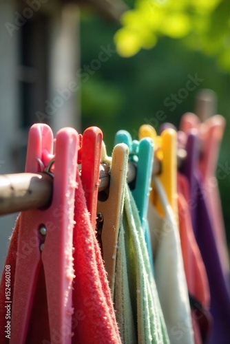 Colorful clothes pegs holding laundry on a rustic wooden clothesline, sunshine and shadows creating a charming outdoor scene Perfect for spring, summer, and home themes , clothes pegs, detail, wooden