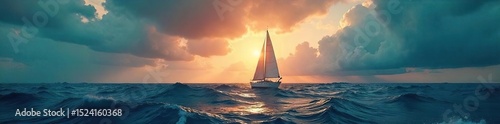 A lone sailboat navigates stormy seas under a dramatic sky, embodying the thrill and uncertainty of a brave adventure at sea , waves, ship, sail