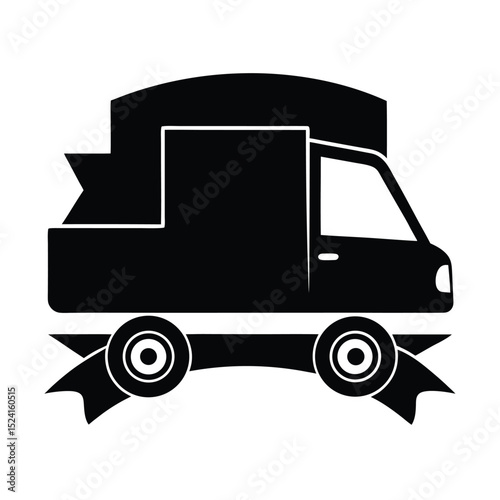 Black and white delivery truck icon representing shipping and logistics transportation services