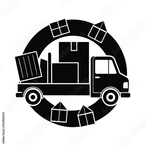 Black and white delivery truck icon with houses representing relocation and moving services