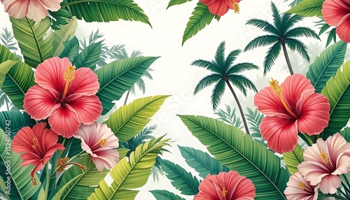 Colorful seamless floral pattern with tropical flowers and leaves, ideal for textile, wallpaper, packaging, and surface design.