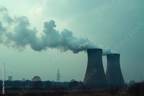 Grimy coal power plant smokestacks billowing dark smoke against a bleak, overcast sky Environmental impact, energy crisis, climate change, pollution imagery , bleak, smokestack, energy source