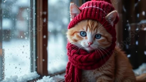 Adorable Kitten in Red Hat and Scarf Watching Snowfall Through Window