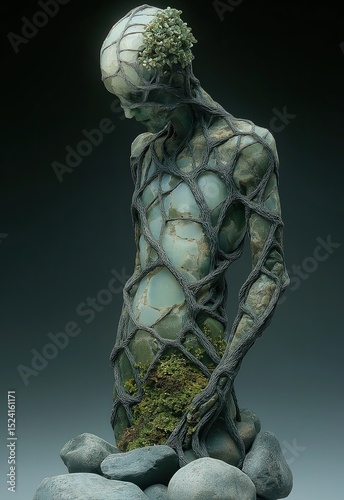 Ancient tree spirit sculpture made from bark, rocks and moss.