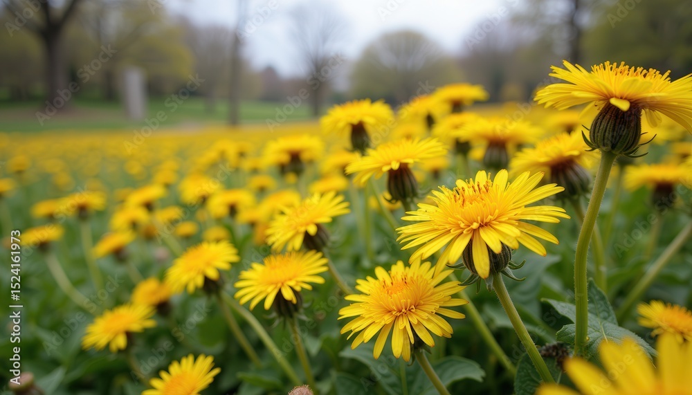 Obraz premium Field of vibrant yellow dandelions blooming on spring day