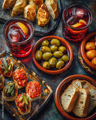Overhead view of tapas with drinks featuring bruschetta olives bread and a red cocktail with ice cubes