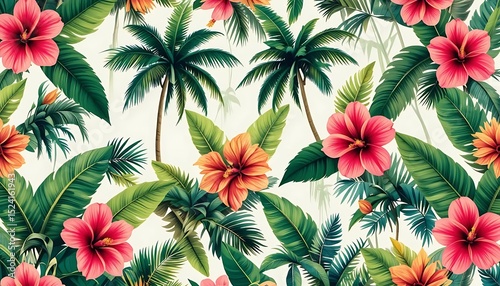Colorful seamless floral pattern with tropical flowers and leaves, ideal for textile, wallpaper, packaging, and surface design.