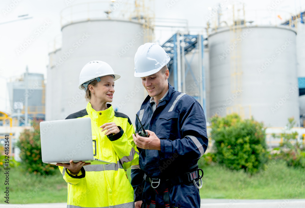 Petrochemical man and woman workers or engineers stand in front of factory tank and discuss about their work with happiness. Petrochemical man and woman workers or engineers stand in front of factory tank and discuss about their work with happiness.