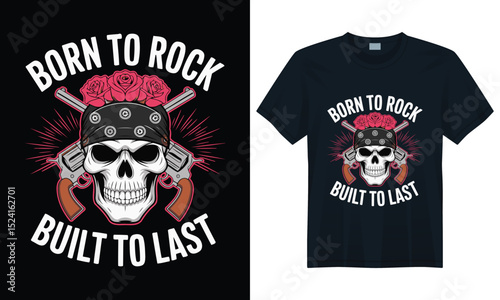Skull with roses and crossed guns bandana illustration for t-shirt design, born to rock built to last style