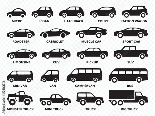 Car and truck silhouette icons collection for transport and automotive design Vector