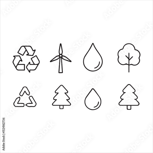 Environmental Responsibility Icon Set – 20 Black and White Outline Vector Icons Including Recycling, Wind Turbine, Water Droplet, and Tree
