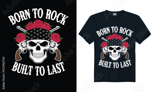 Vintage skull illustration with red roses and crossed pistols, perfect for rock and biker t-shirt design