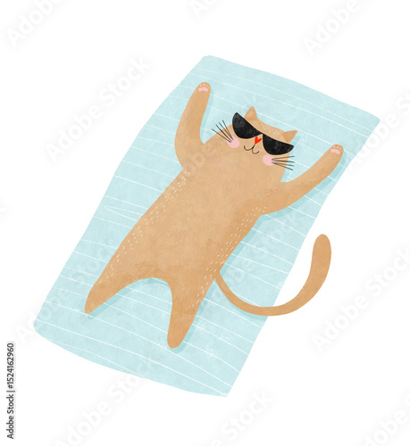 Brown Cat Wearing Sunglasses Sunbathing While Lying On A Blue Towel. Summer Time. Hand Drawn Vector Illustration Of Happy Kitty Relaxing  On A Beach. 
