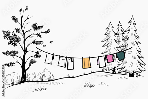 Clothes hanging on a line under trees in a sketchy landscape  