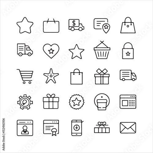 E-commerce and Digital Marketing Icon Set – 20 Black and White Outline Flat Vector Icons with Editable Strokes
