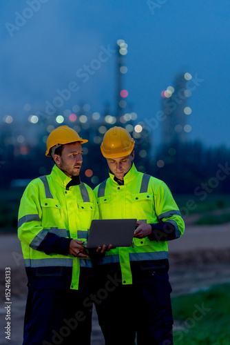 Vertical image of petrochemical workers or engineers using laptop to work at night and stand in front of the factory with light.
