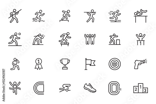 Track and field sports line icon set – running, jumping, throwing, medal and trophy symbols