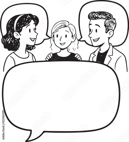 Cartoon illustration of children with speech bubbles, showing a loving family with a mother, father, and their kids