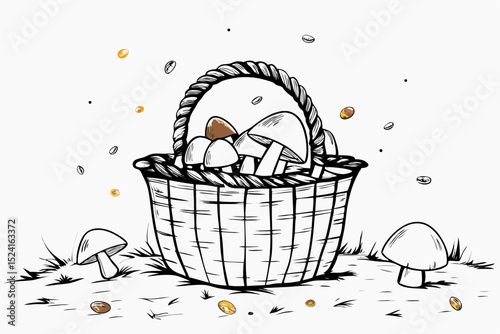 Hand-drawn wicker basket filled with mushrooms on the grass  