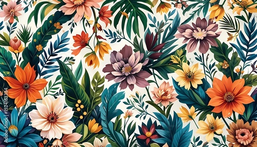 Colorful seamless floral pattern with tropical flowers and leaves, ideal for textile, wallpaper, packaging, and surface design.