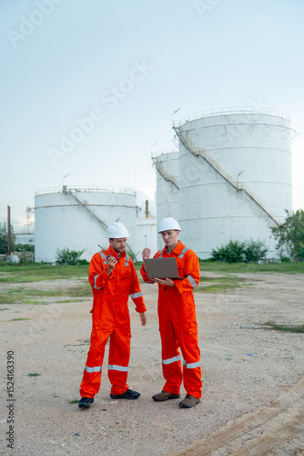 Vertical image of two engineers or gas factory workers discuss together using laptop in front of gas or petrochemical tank in workplace.