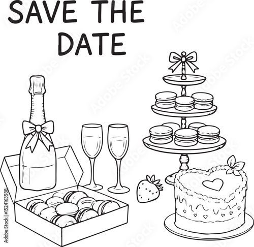 Hand-drawn vector illustration set of wine bottles, glasses, and champagne for wedding, party, and restaurant bar beverage menus