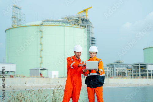 Two petrochemical or gas factory workers man and woman or engineers stand in front of factory tank near the bay and work together using laptop.