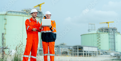 Wide shot of two petrochemical or gas factory workers man and woman or engineers stand in front of factory tank near the bay and work together using laptop.