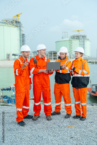 Vertical image group of petrochemical or gas factory workers men and woman or technician stand in front of factory tank near the bay and work together using laptop.