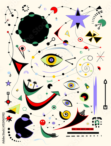 Abstract green  background ,fancy  geometric and curved  shapes , expressionism art style