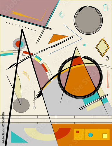  geometric shapes and lines are scattered in a seemingly random but artistic manner across a multicolored background.