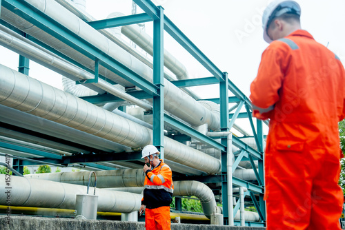 Two petrochemical or gas factory workers or engineers work together near pipeline in factory workplace.