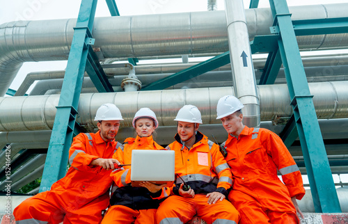 Group of petrochemical or gas factory workers or engineers discuss about work using laptop and sit near pipeline in factory workplace.