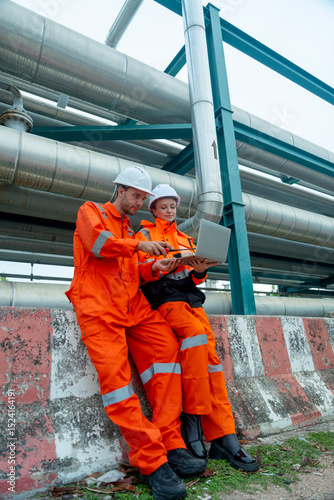 Vertical image of two petrochemical or gas factory workers or engineers man and woman discuss about work using laptop and sit near pipeline in factory workplace.