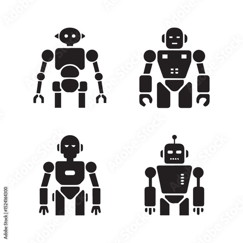 Collection of four distinct robot icons perfect for technology websites apps and digital projects needing futuristic design elements