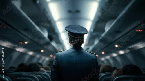 Pilot in Airplane Cabin: A pilot in uniform stands facing away from the camera, looking out at the passengers seated in the cabin of an airplane, creating a sense of security and journey.