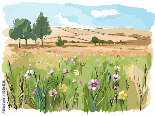 Colorful wildflower meadow with trees under a blue sky  