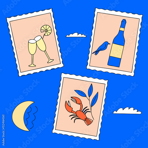 Italian summer vacation placards, poster or cards with doodle style illustrations. Vector ink sketch hand drawn Italy or Greek coast sea, wine, lobster and lemons print elements for invitation card