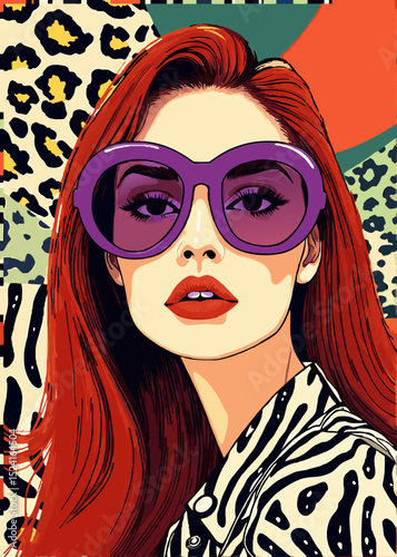 Stylish woman wearing sunglasses against colorful abstract background  