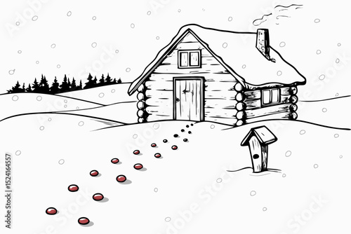 Cozy log cabin with snowy pathway in winter landscape